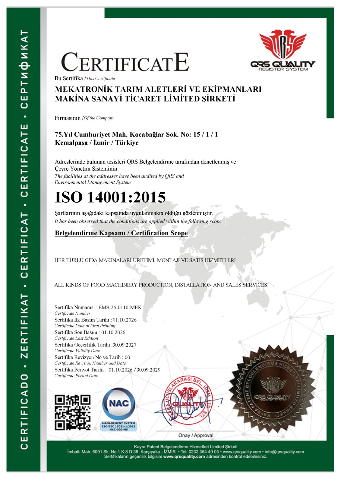 نسخة ممسوحة من شهادة ISO 14001:2015