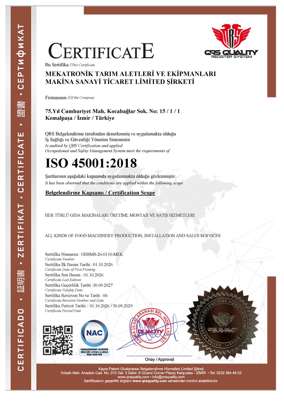 نسخة ممسوحة من شهادة ISO 45001:2018