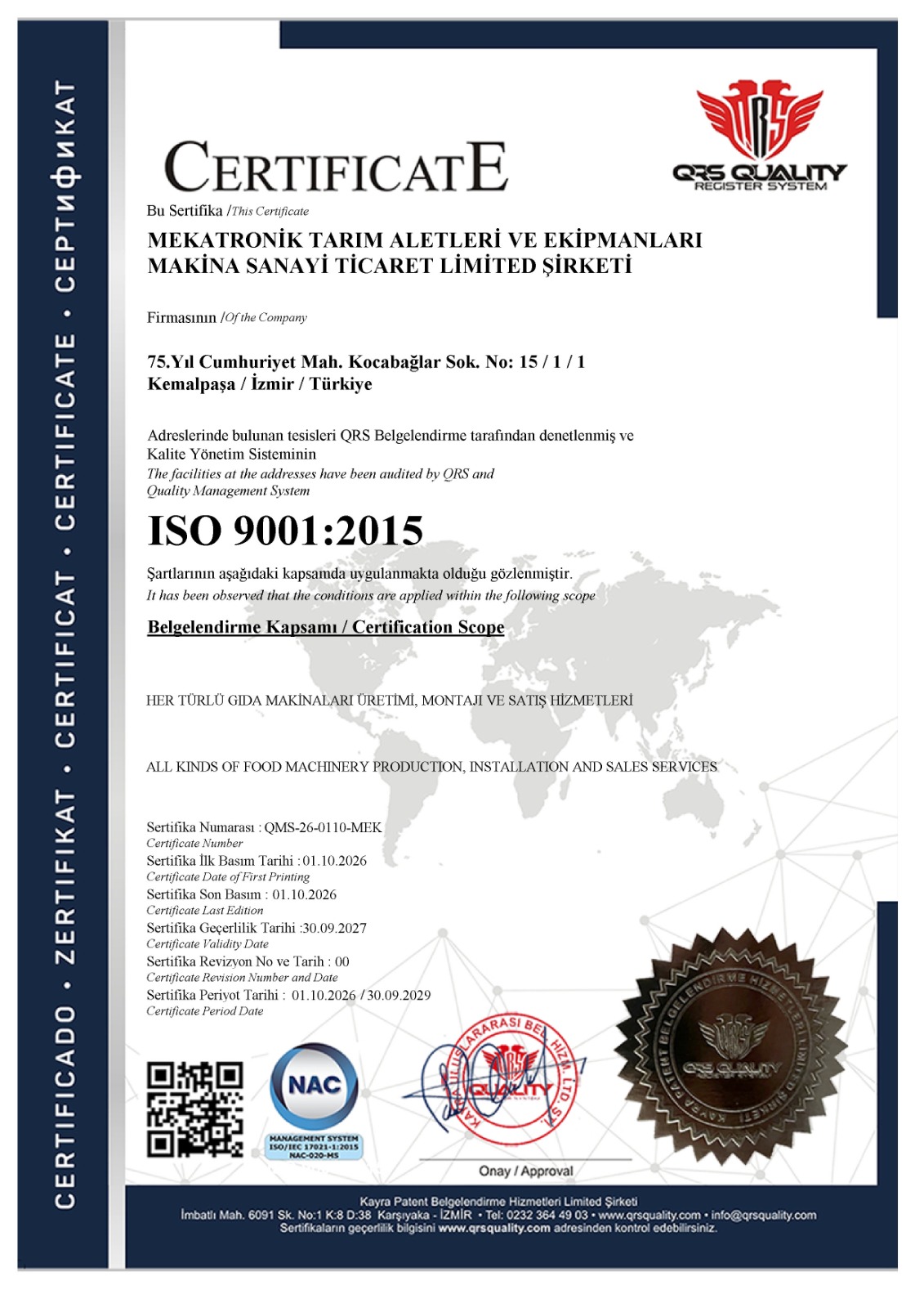 نسخة ممسوحة من شهادة ISO 9001:2015